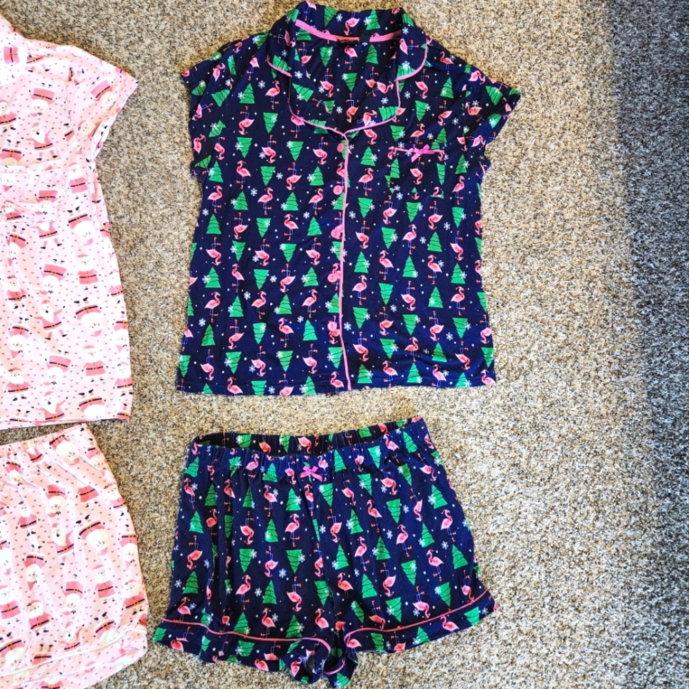Christmas Pjs Santa's Treasures Navy and Pink Flamingo Pajama Set